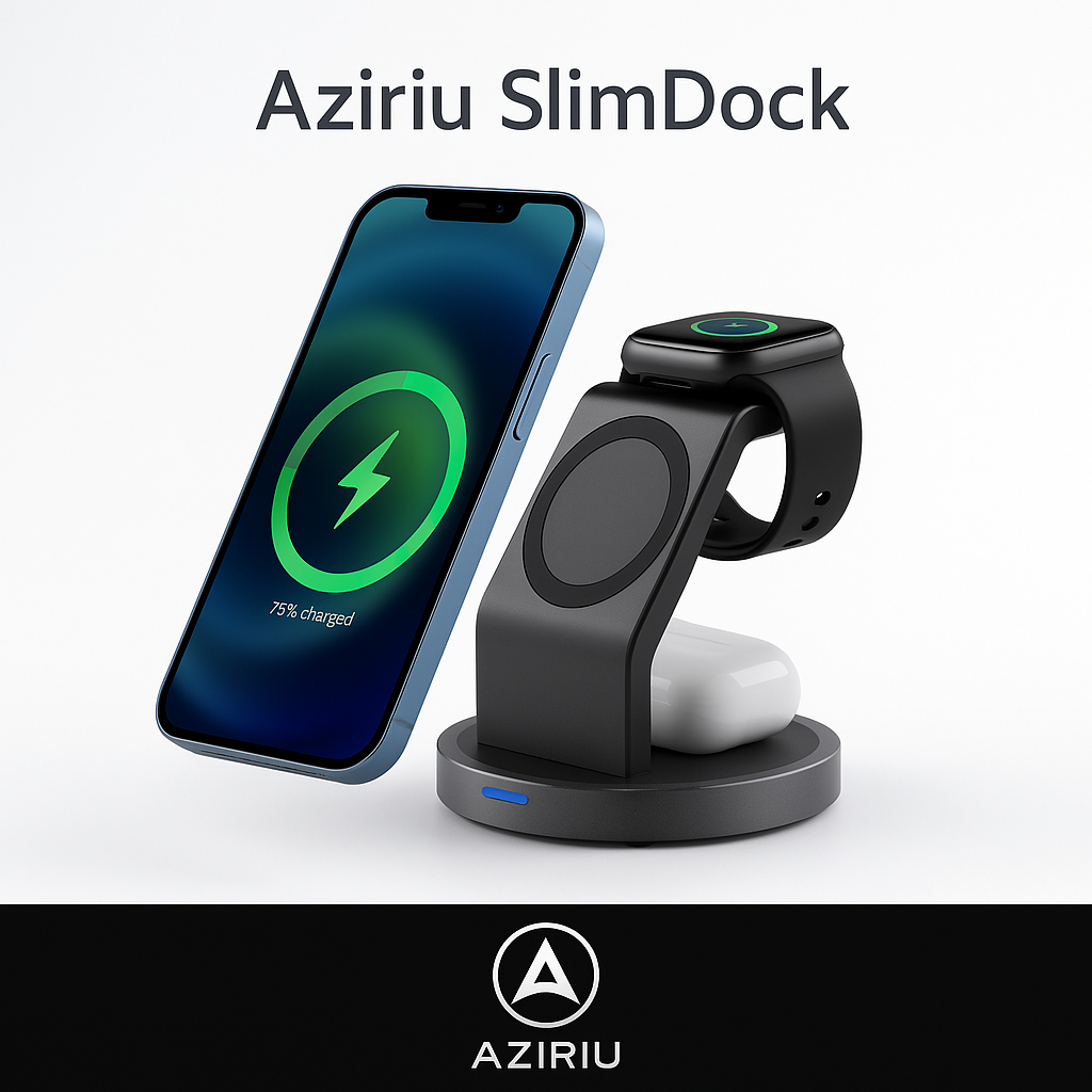 Aziriu SlimDock – 3-in-1 Minimalist Wireless Charging Station for iPhone, Apple Watch and AirPods | 15W MagSafe Magnetic Fast Charger